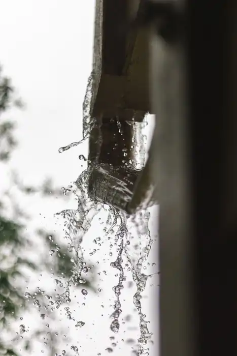 Rainwater spilling from a roof gutter during rainfall