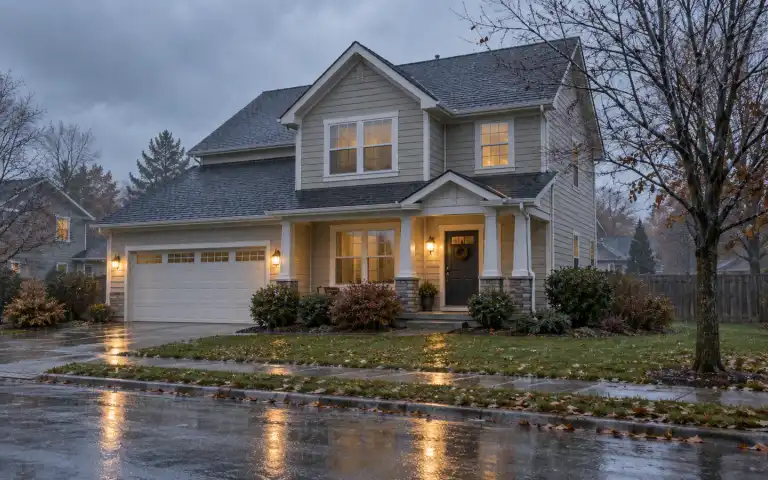 Illustrative two-story home with wet pavement and warm porch lights under a gray sky