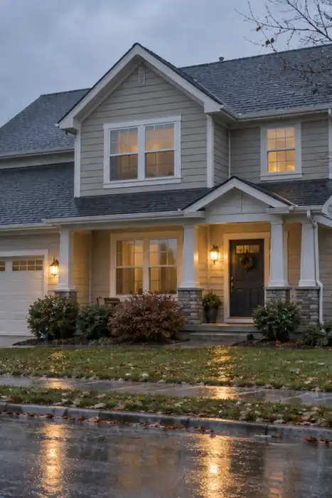 Illustrative two-story home with wet pavement, intact roof gutters, and warm porch lights during ordinary autumn rain