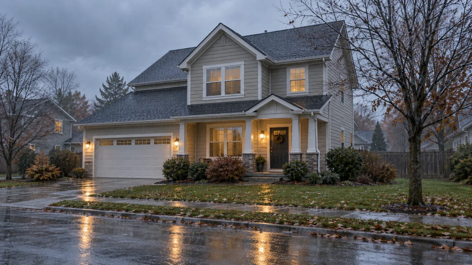 Illustrative two-story home with wet pavement, intact roof gutters, and warm porch lights during ordinary autumn rain