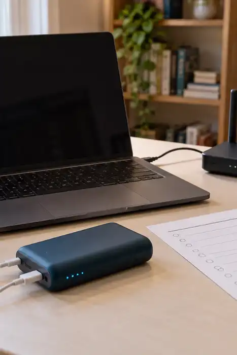 A home desk with a laptop, phone, router, compact power bank, and paper planning checklist