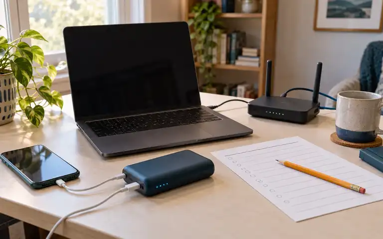 A laptop, smartphone, home router, compact power bank, and blank planning checklist arranged on a desk