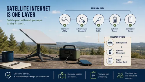 Unbranded satellite terminal with power and service dependencies plus radio, messenger, and paper-contact fallbacks