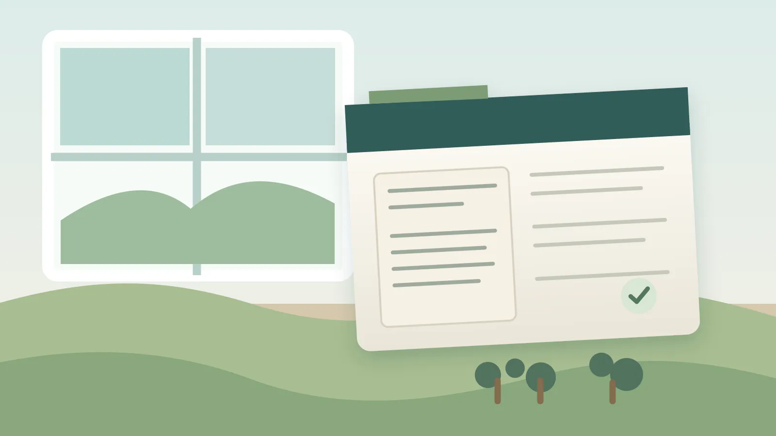Illustration of a household system-record folder beside a simple property plan.