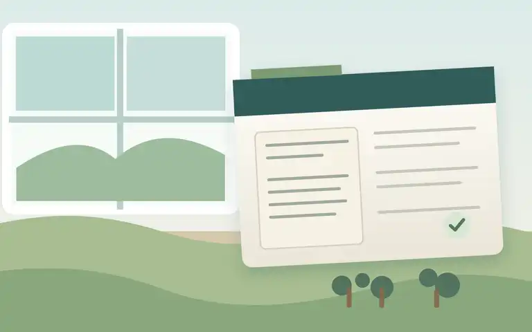 Illustration of a household system-record folder beside a simple property plan.
