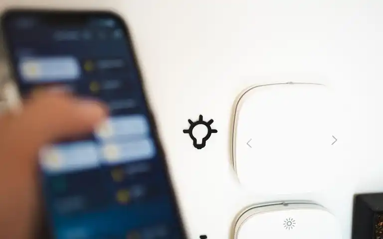 A hand holds a smartphone beside two smart-home wall controls.