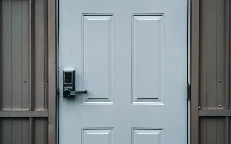 A keypad lock on a closed white exterior door with grey siding.