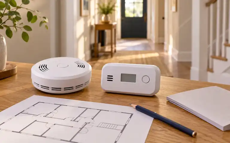 Two uninstalled white alarm devices beside a floor plan and pencil on a table.
