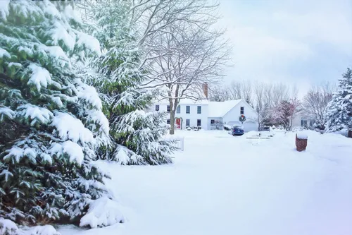 A snow-covered house among frosted trees in a residential neighborhood.