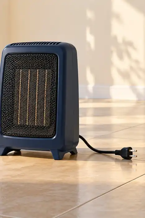 Editorial illustration of an unplugged electric heater on a clear tiled floor.