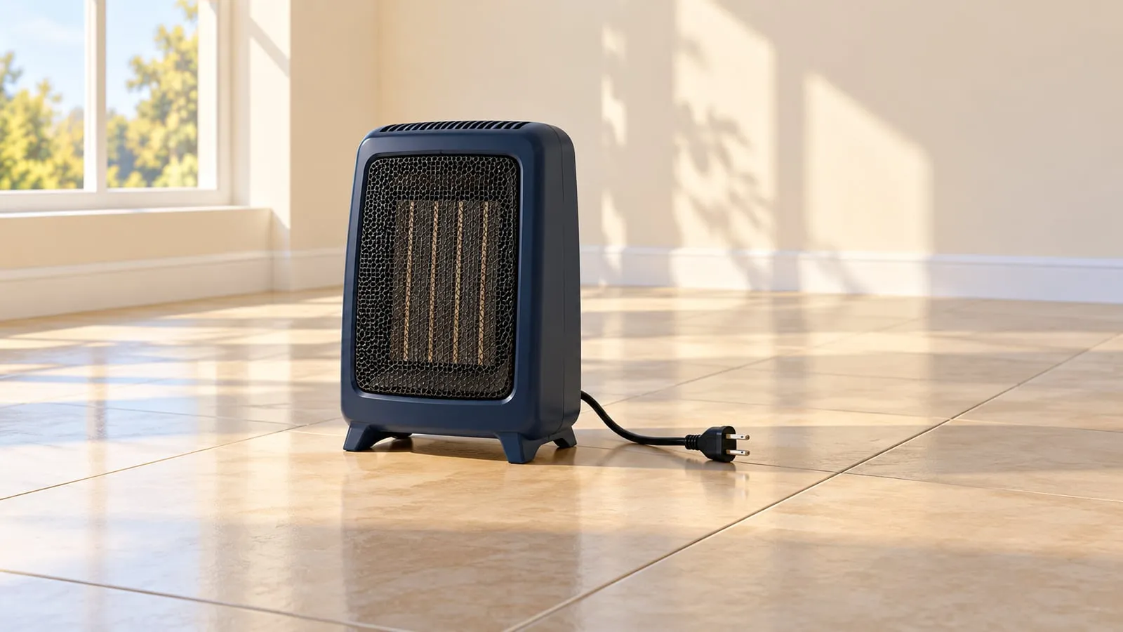 Editorial illustration of an unplugged electric heater on a clear tiled floor.