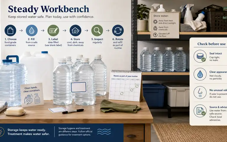 Water containers, blank labels, shelving, a rotation calendar, and a check-before-use card