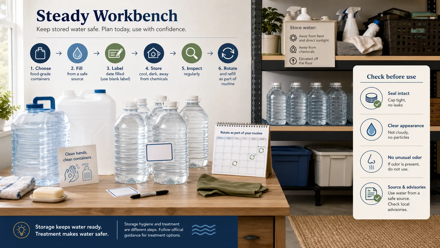 Food-grade water containers, labeling and rotation tools, protected storage, and a check-before-use decision card