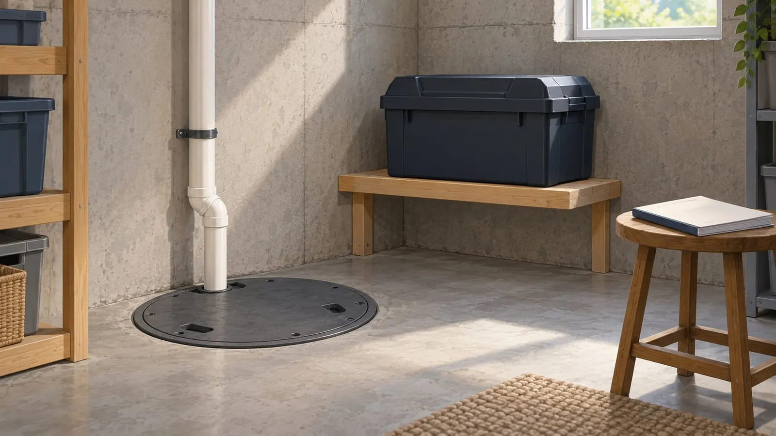 Editorial illustration of a closed sump lid, separate battery enclosure and booklet in a dry basement.