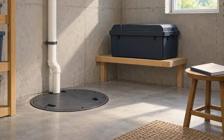 Basement sump pump installation with battery backup and dedicated emergency power system.