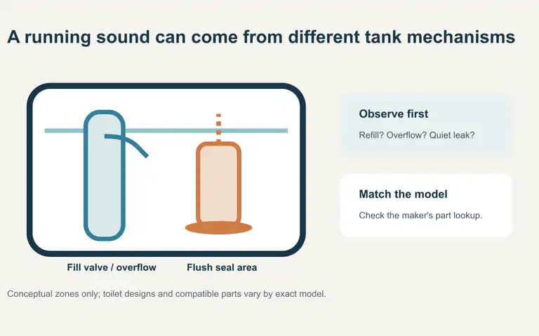 Illustration of a toilet tank with separate fill-valve and flush-seal areas labeled for observation.