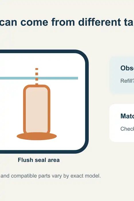 Illustration of a toilet tank with separate fill-valve and flush-seal areas labeled for observation.