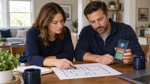 Two adults review a floor plan beside a phone showing weather graphics.