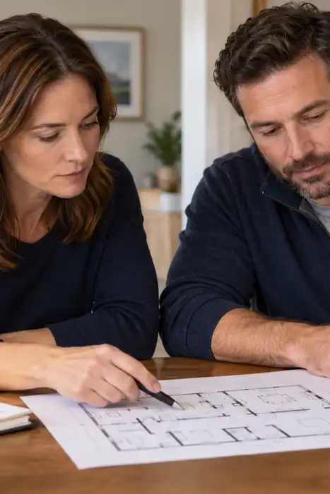 Two adults review a floor plan beside a phone showing weather graphics.