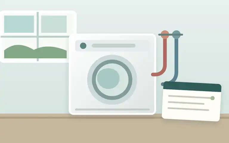 Illustration of a washer in a laundry alcove with connected inlet hoses visible as context.