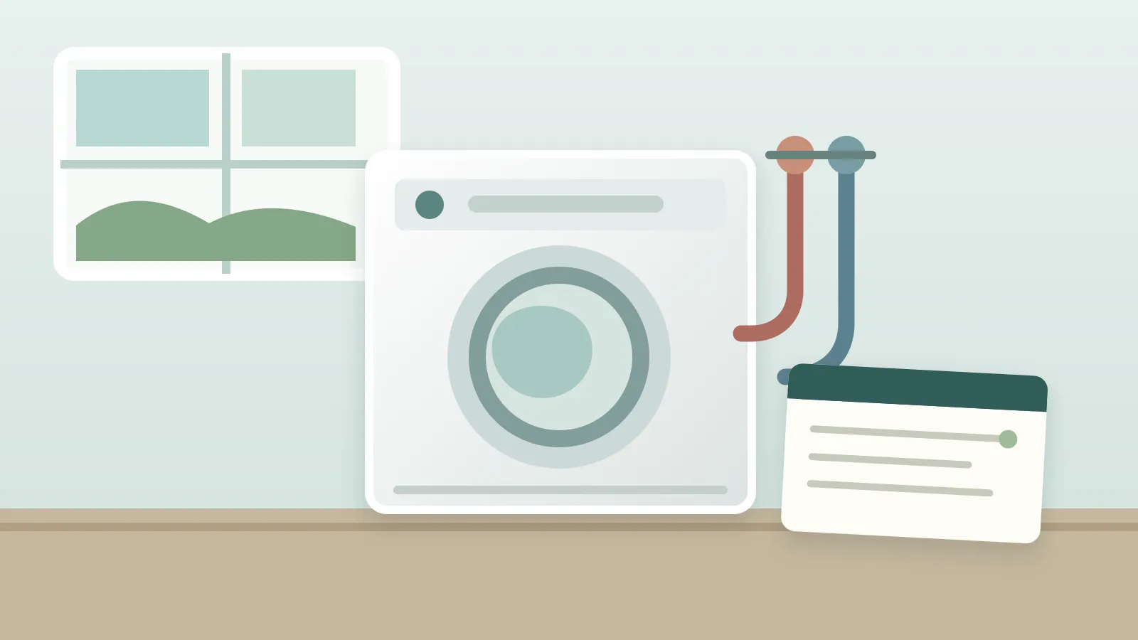 Illustration of a washer in a laundry alcove with connected inlet hoses visible as context.