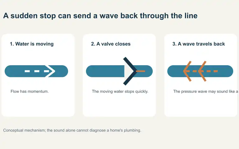 Illustration of water moving through a pipe, then a closed valve and a pressure wave traveling back through the line.