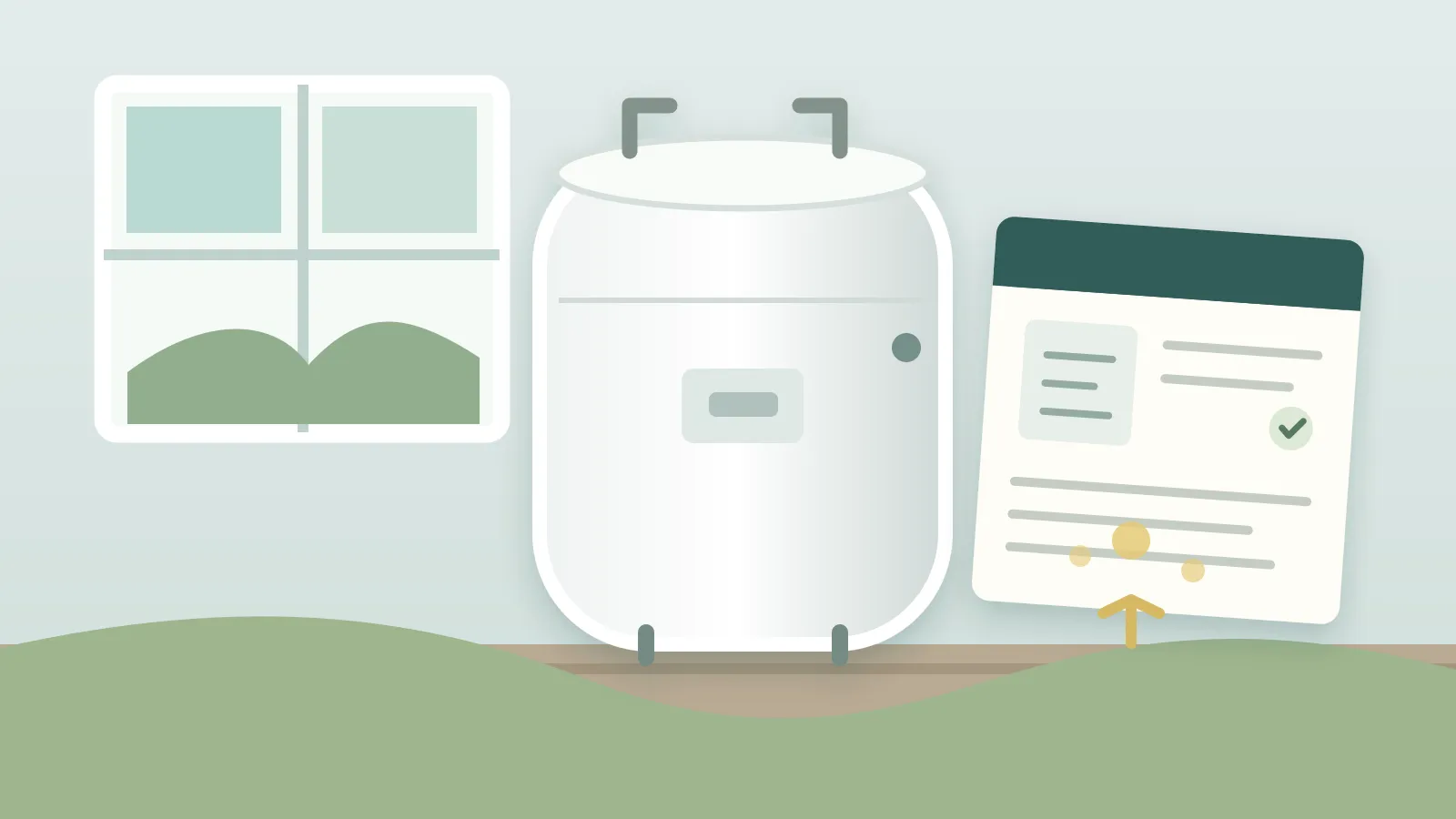 Illustration of a closed water heater beside a household outage record and manual.