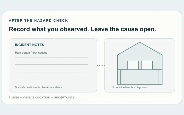 A blank observation card pairs a rain timeline with a simple basement outline; it does not mark or diagnose a water source.
