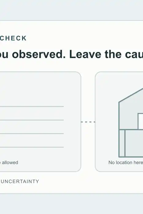 A blank observation card pairs a rain timeline with a simple basement outline; it does not mark or diagnose a water source.