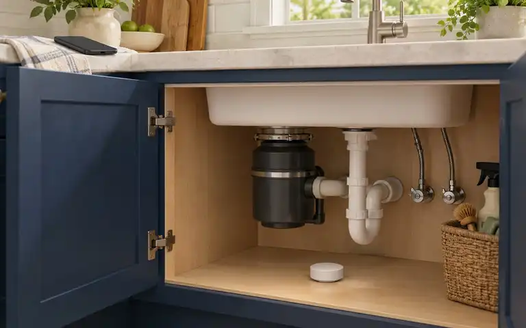 Editorial illustration of a small sensor puck in a dry sink cabinet and a phone on the counter.