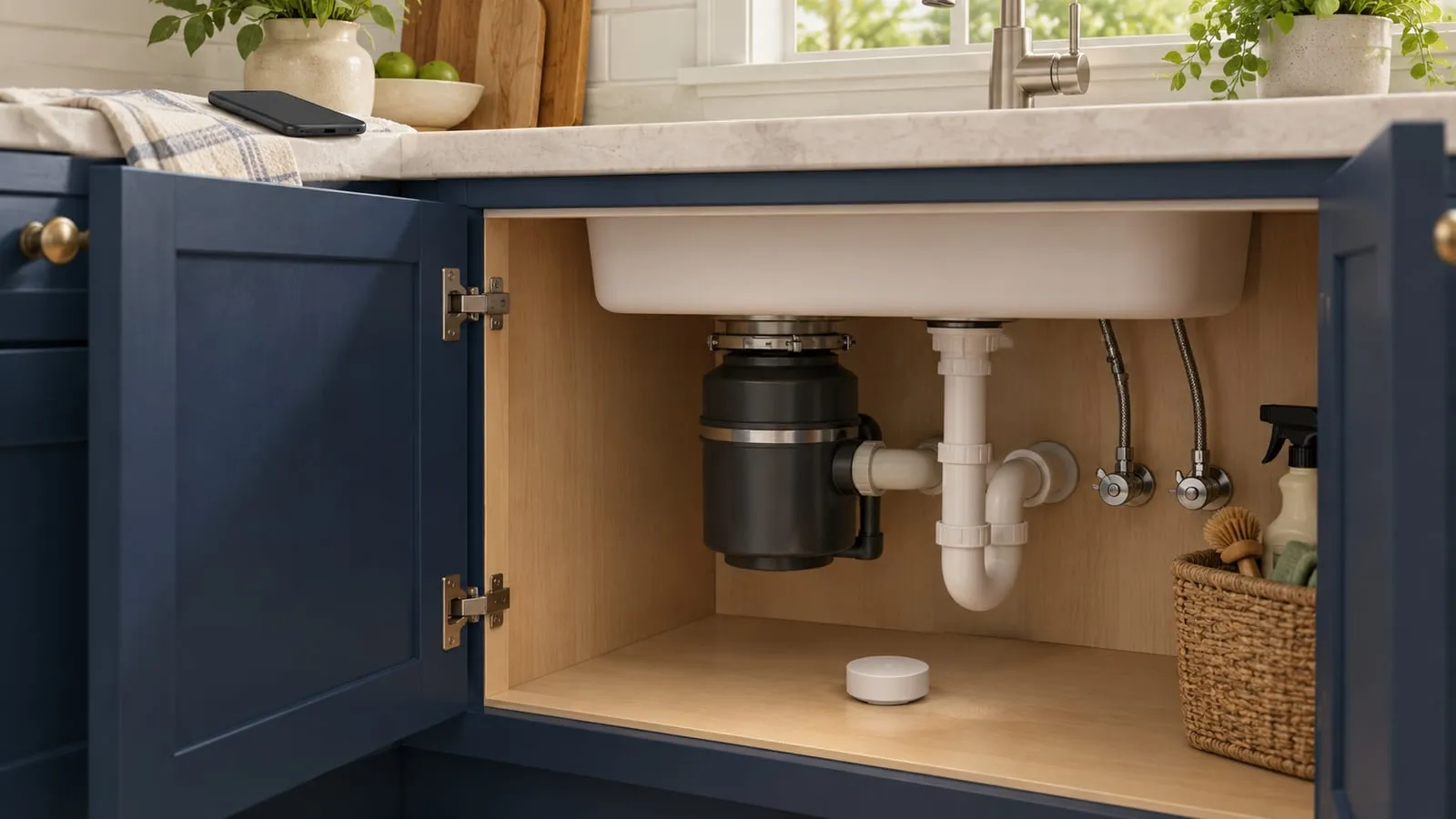 Editorial illustration of a small sensor puck in a dry sink cabinet and a phone on the counter.