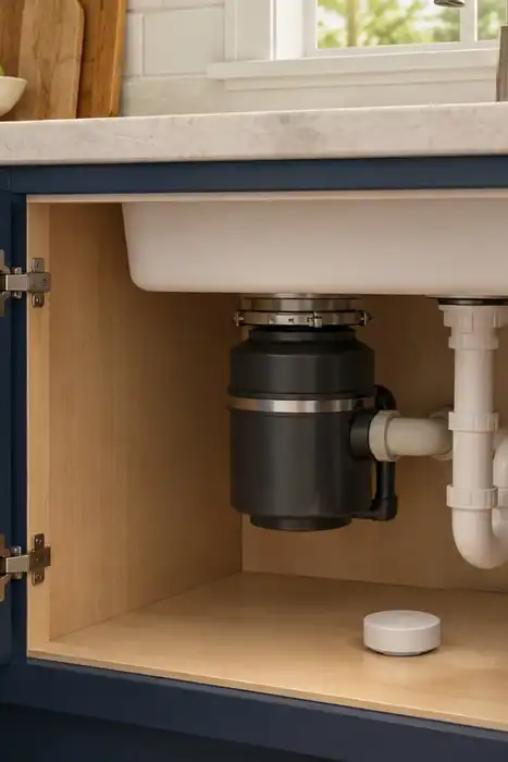 Editorial illustration of a small sensor puck in a dry sink cabinet and a phone on the counter.