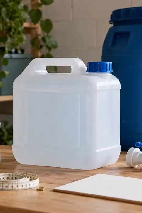 Sealed water bottles, a capped portable container, a separate spigot, and a larger closed drum on a workbench