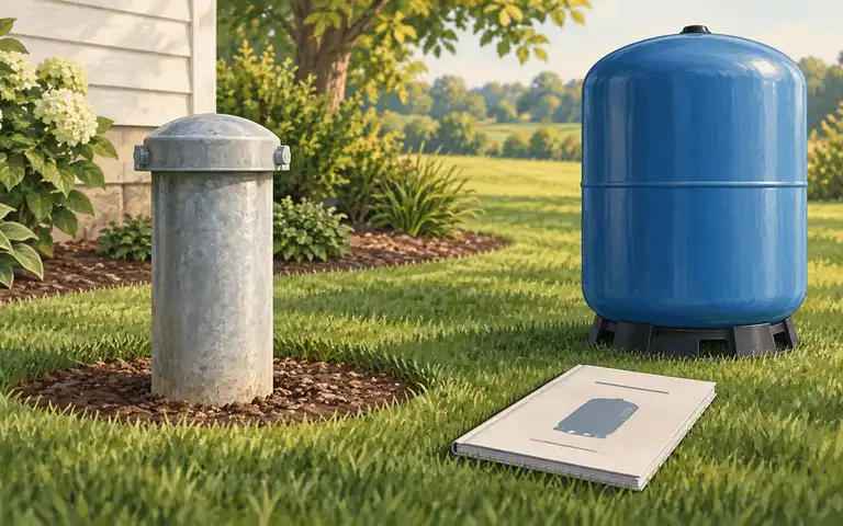 Editorial illustration of a capped well casing, a separate blue pressure tank and an unmarked booklet.
