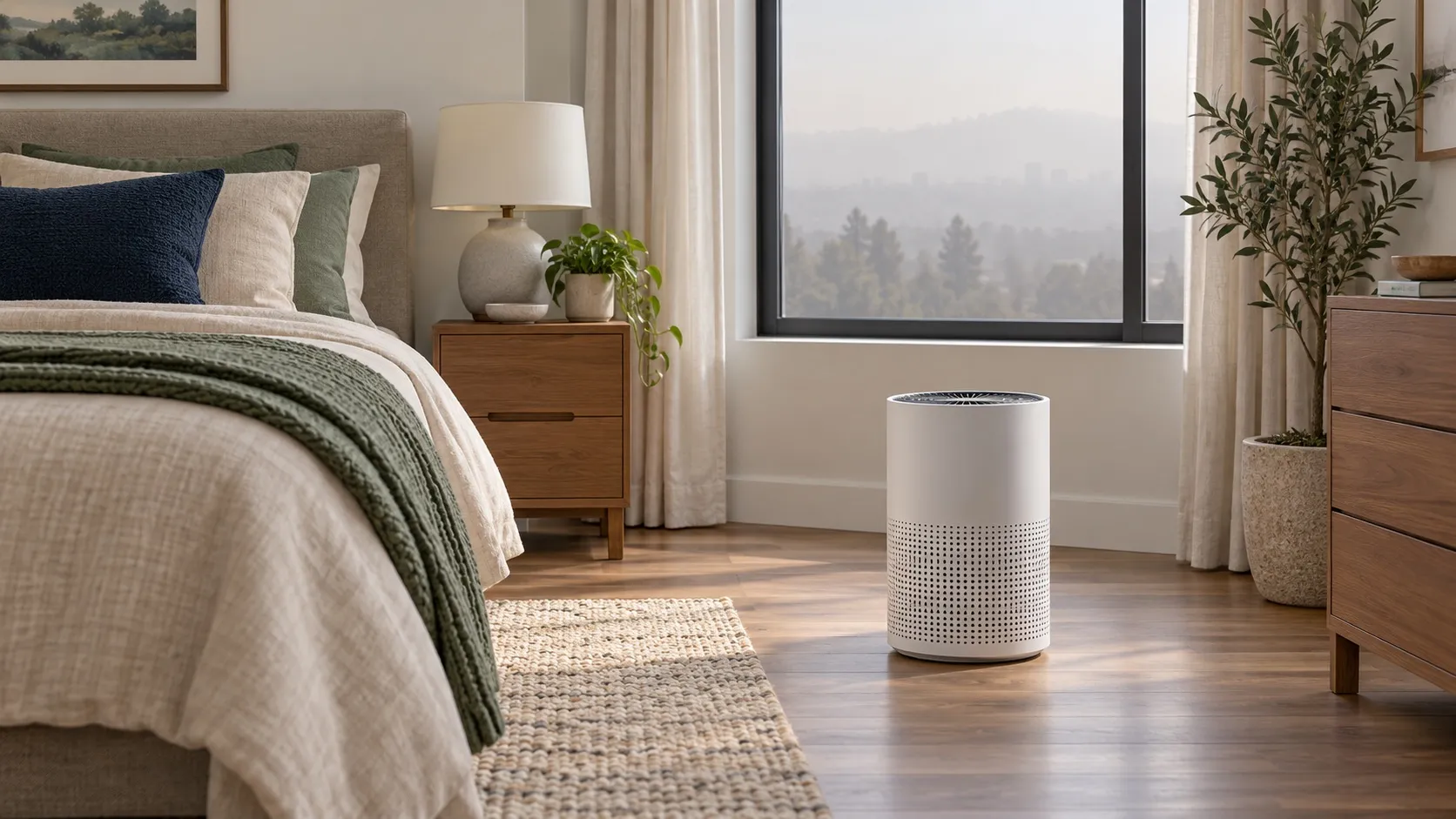 A white air cleaner on a clear bedroom floor beside a closed window with hazy outdoors.
