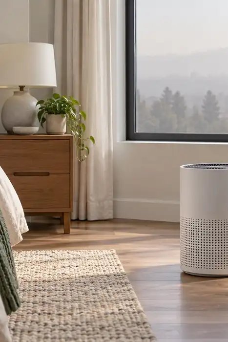 A white air cleaner on a clear bedroom floor beside a closed window with hazy outdoors.