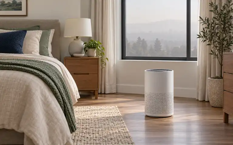 A white air cleaner on a clear bedroom floor beside a closed window with hazy outdoors.