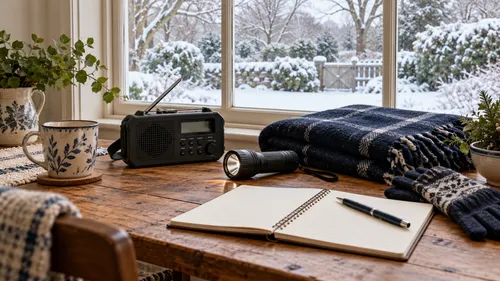 A radio, flashlight, navy blanket, and blank notebook on a table by a closed snowy window.