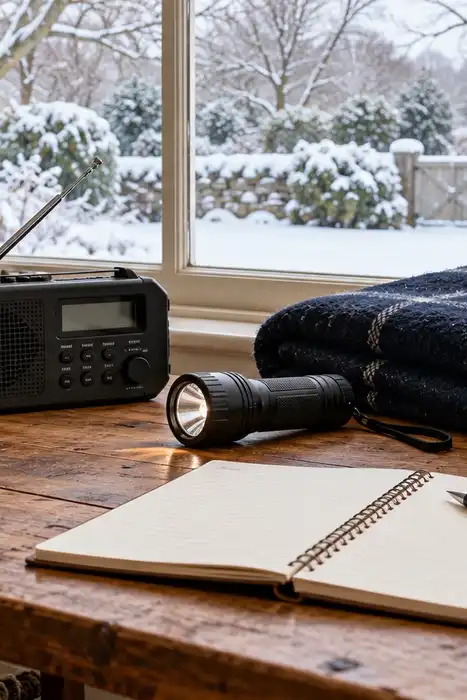 A radio, flashlight, navy blanket, and blank notebook on a table by a closed snowy window.