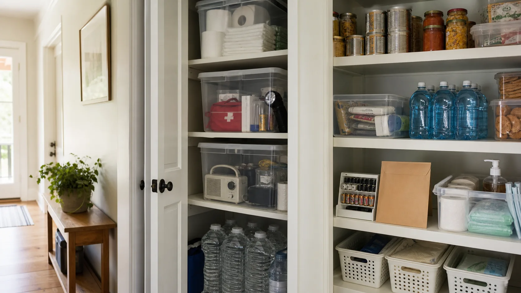 Organized household emergency supplies in a home closet, including water, pantry food, a radio, batteries, light, sanitation items, and a first-aid kit